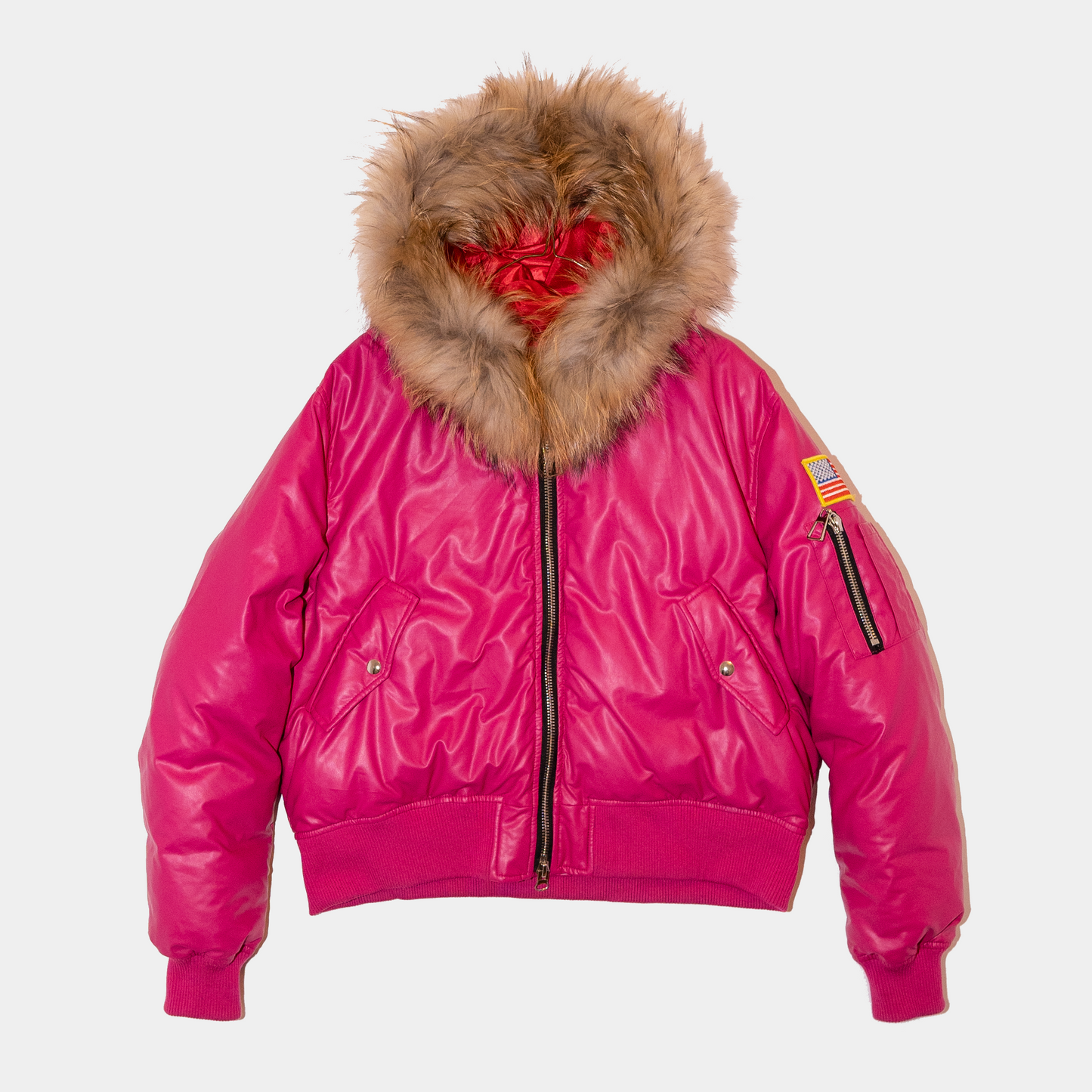 Fur Hooded Leather Bomber (Pink)