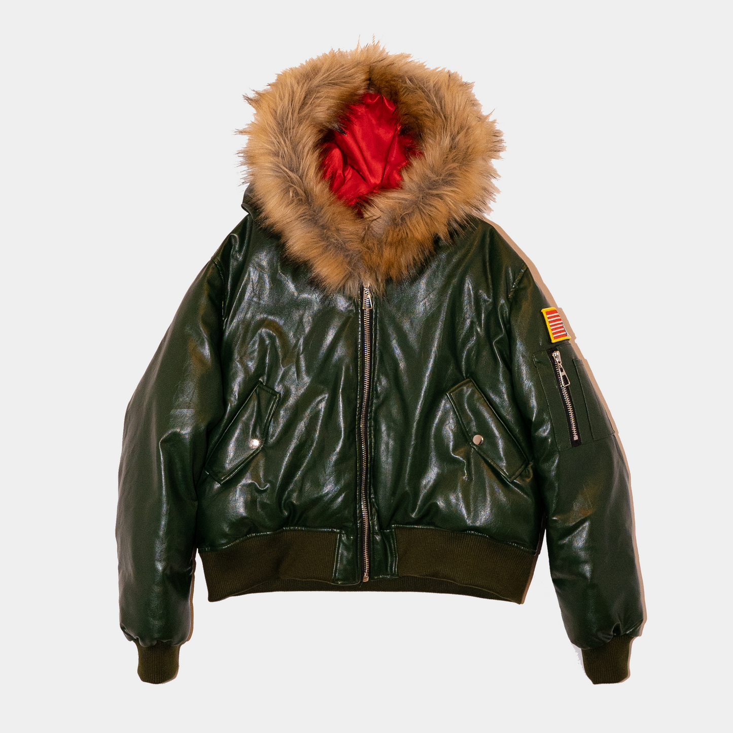 Fur Hooded Leather Bomber (Forest)