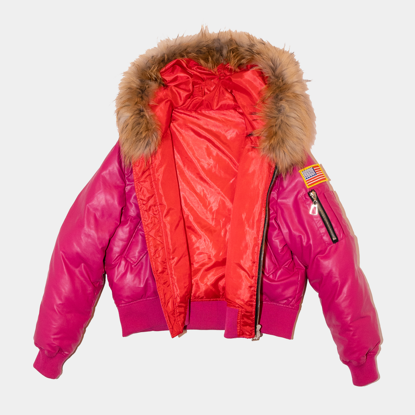 Fur Hooded Leather Bomber (Pink)